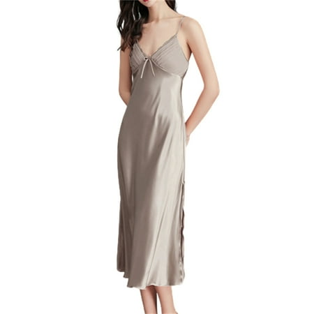 

Women s Satin Silk Nightdress Spaghetti Sling Strap Sleeveless Nightgowns with Lace Sexy Home Wearing 2XL Camel