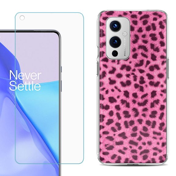 Slim-Fit TPU Phone Case Compatible with OnePlus 9 5G, with Tempered Glass Screen Protector, by OneToughShield ® - Cheetah Pink