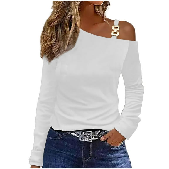 Tarylea Trendy Tops for Women off Shoulder Long Sleeve Shirts Mental Buckle Strap Loose Tops Casual Wear Shirts