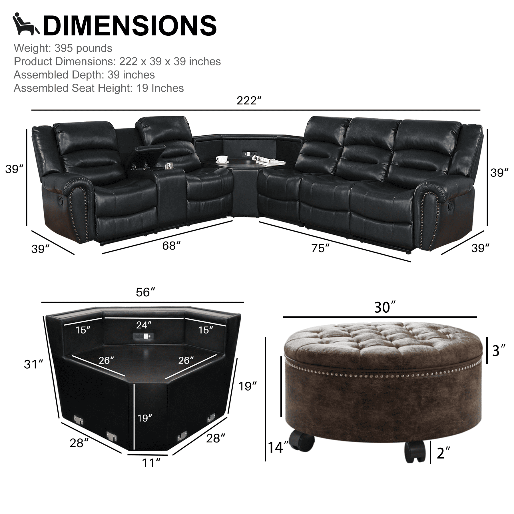 Nathaniel Home 2 Piece Modern Upholstered Leather Multifunctional Sectional Living Room Sofa Set Black and Brown