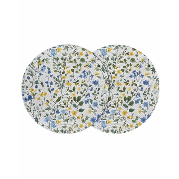 Elegant Blue Yellow Spring Floral Round 13 Inch Placemats Set of 2, Summer Botanical Green HeatResistant Non Slip Place Mats for Dining Table, Wipeable Braided Kitchen Table Mats for Housewarming