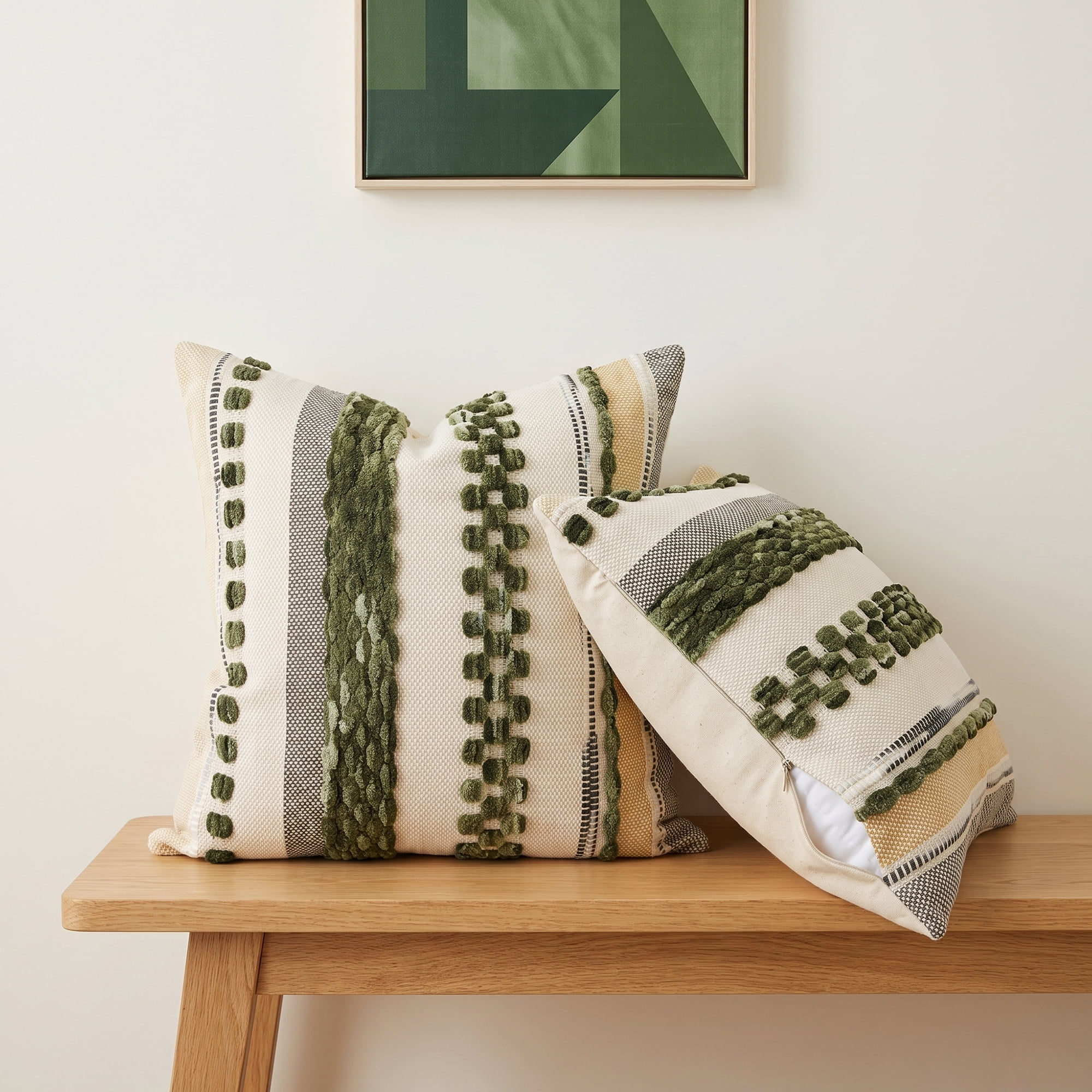 Unique Bargains 3D Chenille Tufted Throw Pillow Cover Grid Stripe Case Green 18"x18"