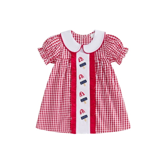 BemeyourBBs Toddler Girl 4th of July Dress Fourth of July Outfit Baby Girl Memorial Day Independent Day Outfits Summer Gingham Plaid Dress Ice Cream Embroidery Short Sleeve Doll Collar A-Line Dress