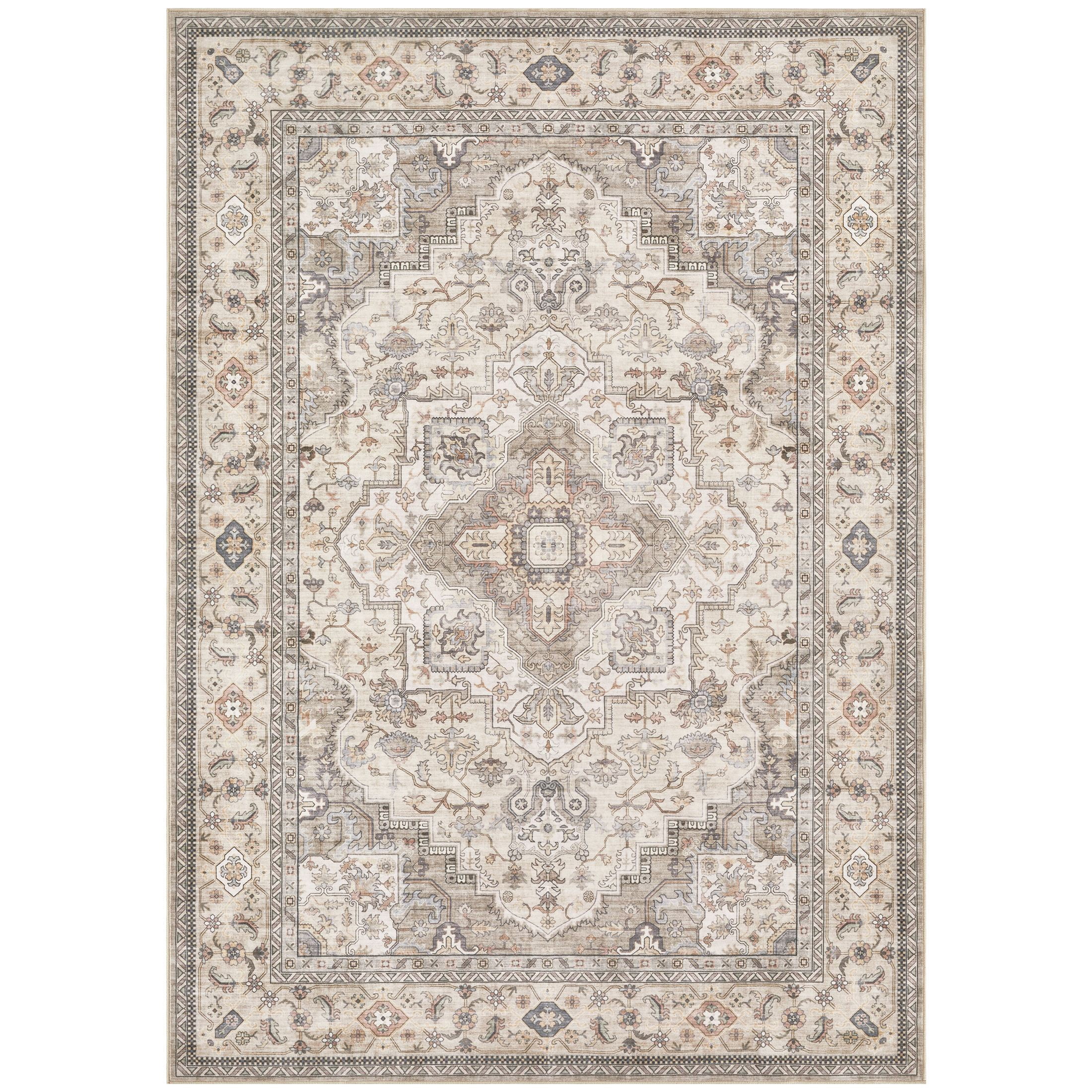 UERMEI 5'x7' Washable Area Rugs for Living Room, Vintage Floral Boho Printed Carpet, Non Slip Indoor Rugs for Bedroom Home Decor Carpets, Beige Brown