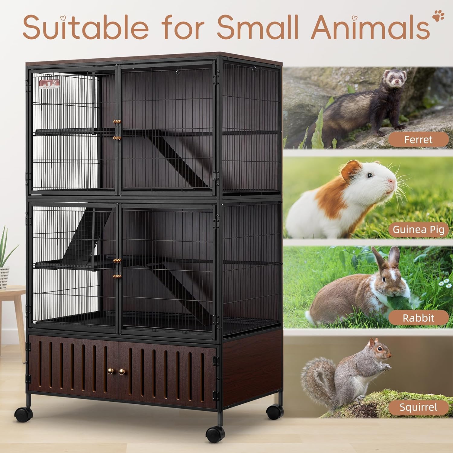 Juiluna 60" Large Metal Ferret Cage, 3-Level Chinchilla Cagewith Wheels, Multi-Level Small Animal Habitat for Chinchilla/Guinea Pig/Rats, Lockable Doors, Ramps, Hammock & Storage Cabinet (Black)