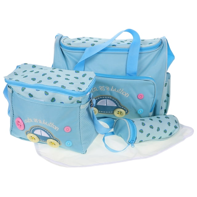 4 in 1 Multi functional Car Pattern Large Capacity Baby Diaper Changing Pad Travel Mommy Bag Tote Set (Sky Blue)