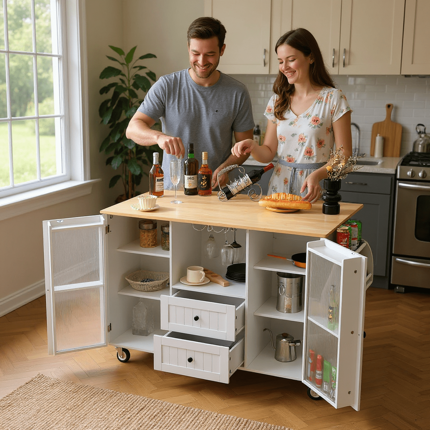 Homy Casa Rolling Kitchen Island Cart with Drop Leaf, Storage Cabinet, 2 Drawers & Wheels, White/Natural, for Small Kitchen, Dining Room, Coffee Bar