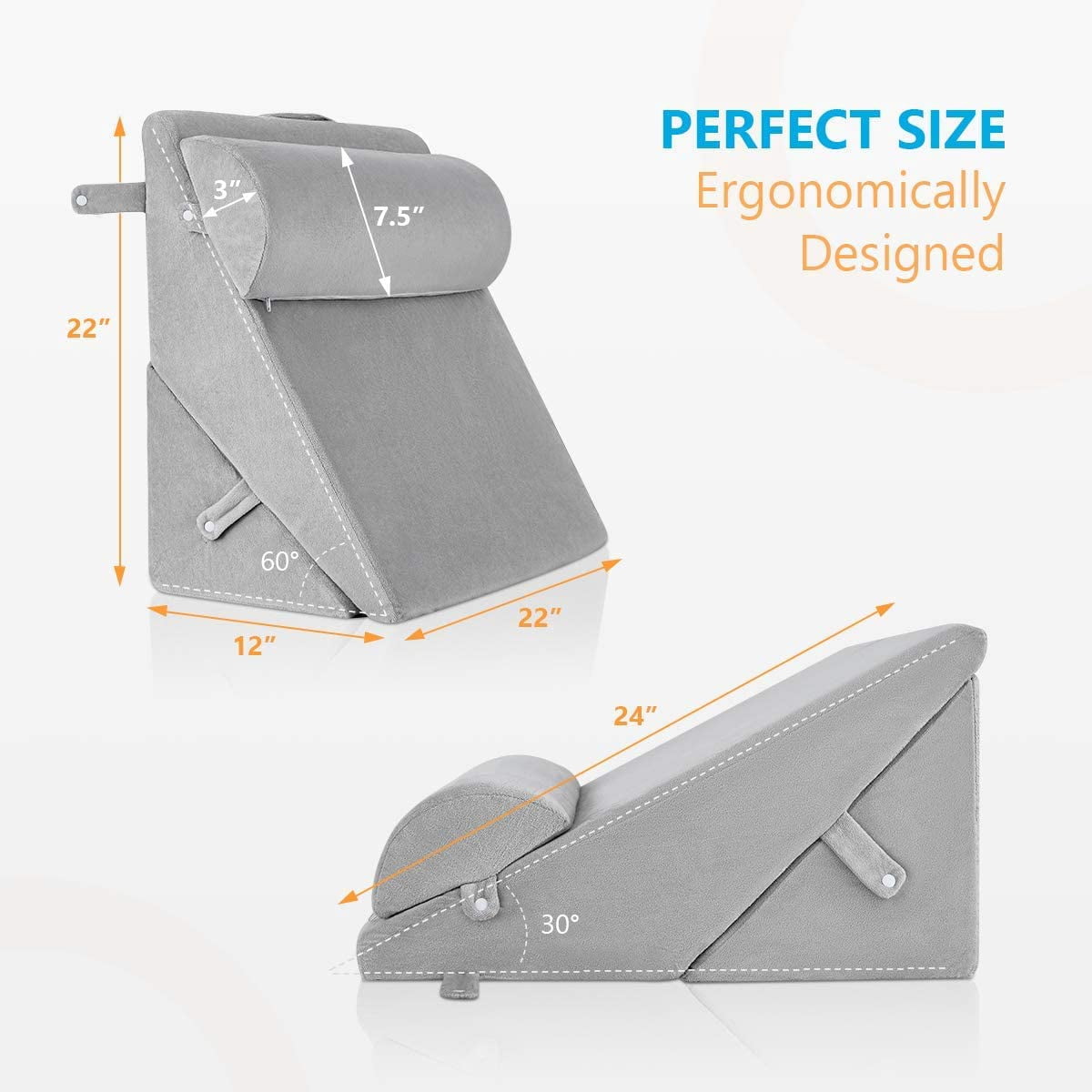OasisSpace Bed Wedge Pillow, Memory Foam Pillow for Back, Leg and Knee Pain Relief, Adjustable Pillows with Washable Cover,Grey