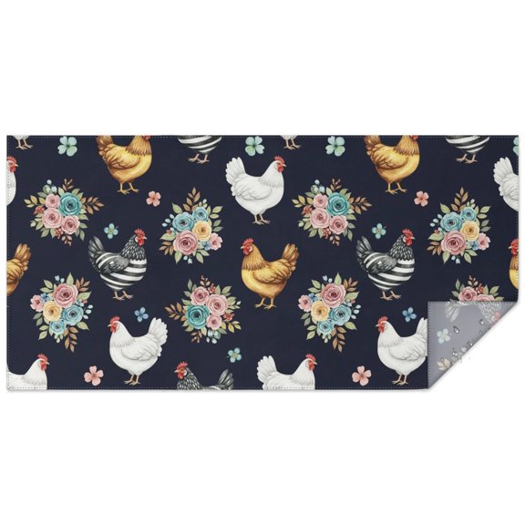 Hen and Floral Navy Pattern Rectangle Tablecloth 60"x120", Waterproof Polyester Wipeable Spillproof Table Cover for Dining Camping Indoor and Outdoor Use