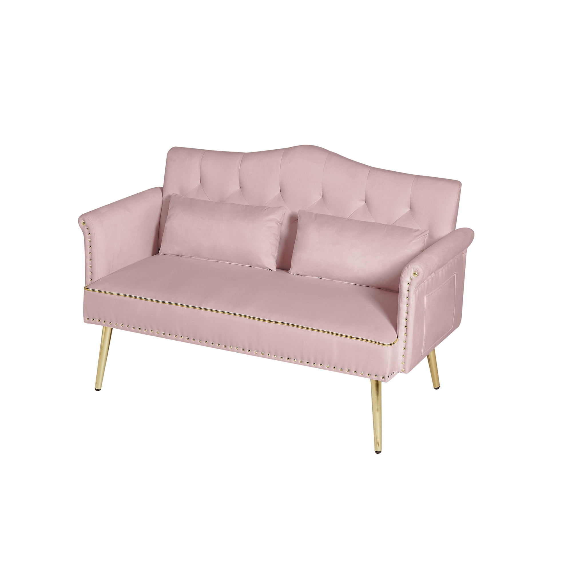 Modern 2 Seater Velvet Sofa, Button Tufted Small Couch Loveseat with Nailhead Trim and Pillows for Living Room Bedroom Apartment