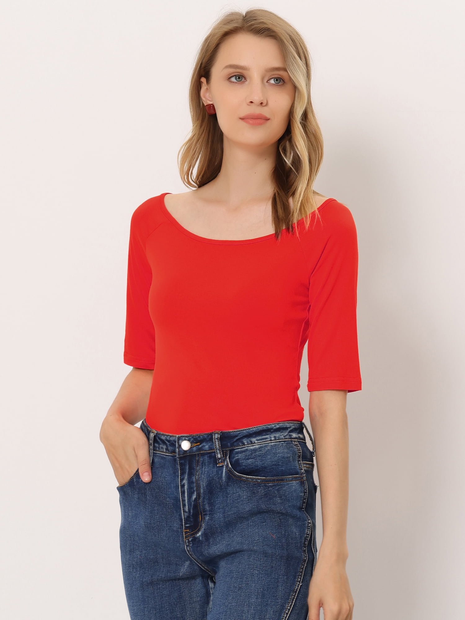 DARING DIVA Women's Slim Fit Pullover Boat Neck Stretchable T-Shirt 3X-Large Deep Red