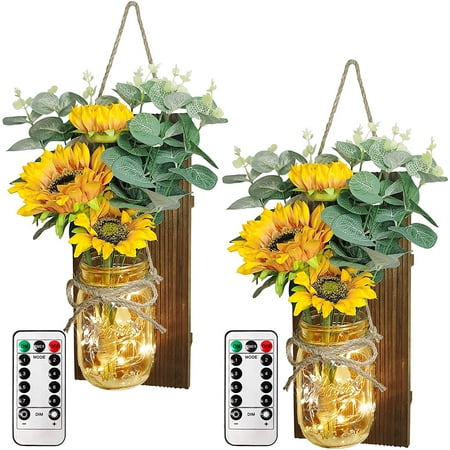 

2 Pcs Rustic Mason Jars Wall Sconces 20 LED Mason Jar Light with Remote Control Timer