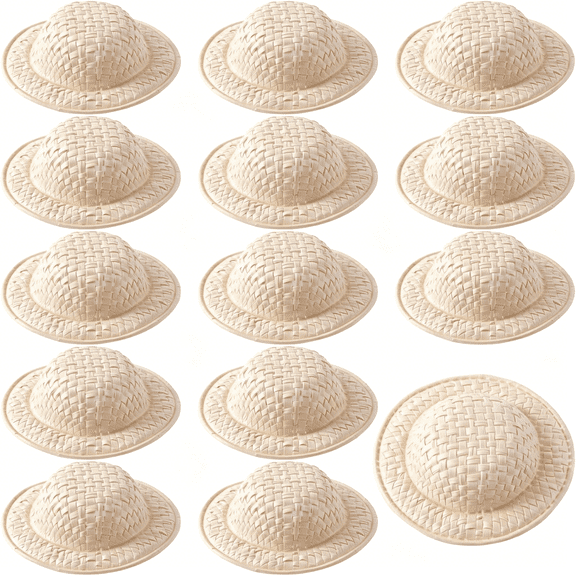 HHNOU 15Pcs 2" Miniature Straw Hats, Woven Doll Caps with Fabric, Tiny Sombrero Decorative Straw Caps for Dolls Photography Props Festive Party Favors - Khaki