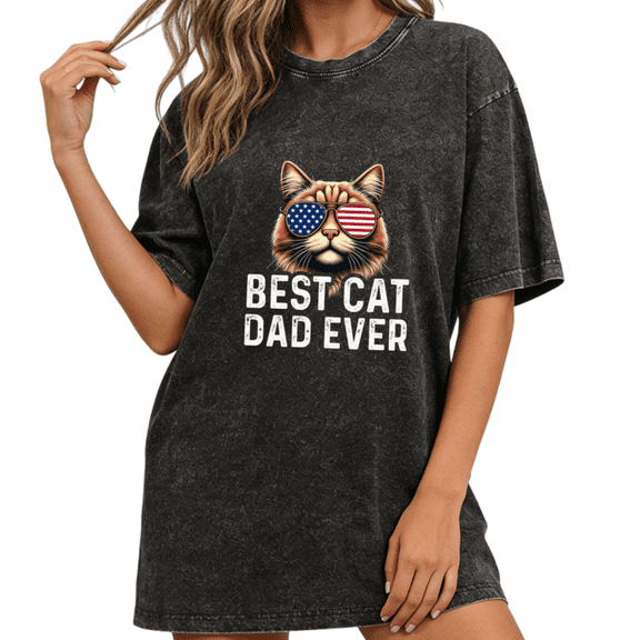 Women fun Best Cat Dad Ever USA Flag Sunglasses Cat Graphic Tees T-Shirt Tops Round Neck Washed Cotton T-Shirt Black S-2XL Plus Size
