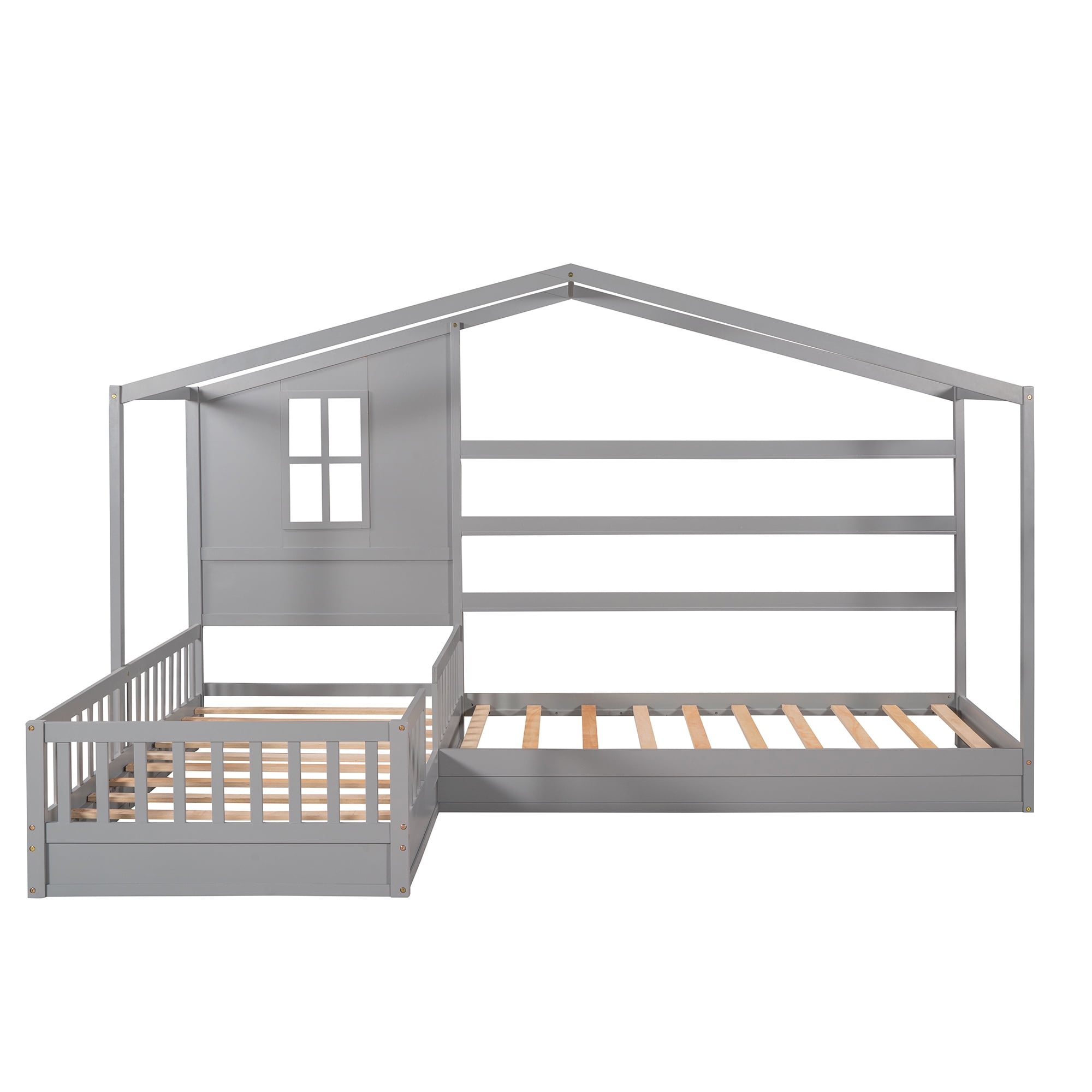 Bellemave House Beds for 2, Wood L-Shape Twin Bed Frame with Roof and Fence Railings, Double Twin Size Montessori Bed Frame No Box Spring Needed (Grey)