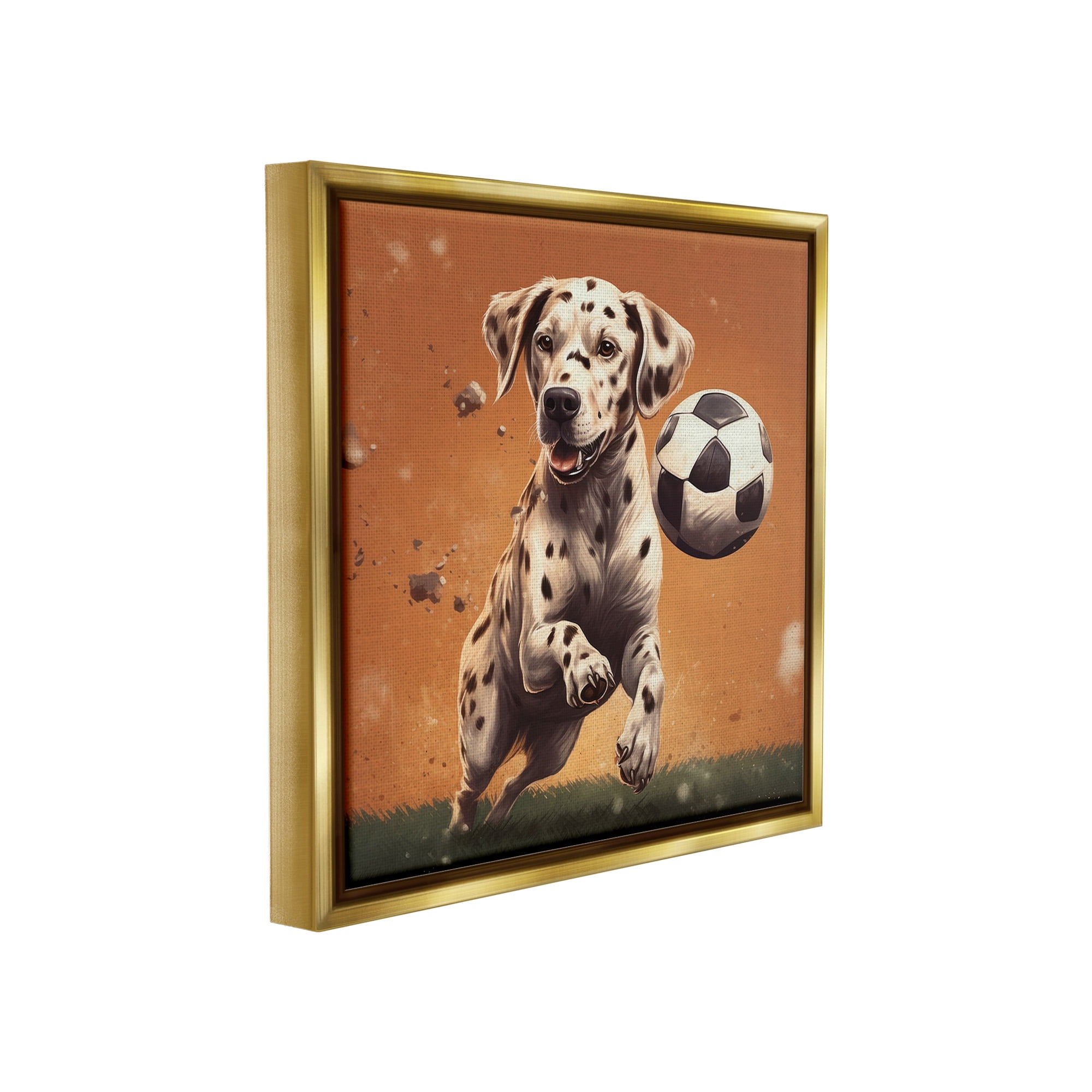 Stupell Industries Dog Playing Soccer Animals & Insects Painting Gold Floater Framed Canvas Art Print Wall Art, 18 x 18