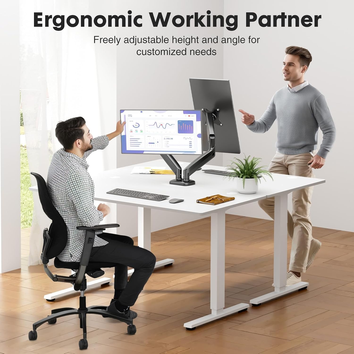 QUIOCOZY Dual Monitor Stand - Fully Adjustable 2 Monitors Arm for 13-32 Inch Screens, Holds up to 17.6lbs per Arm, with C-Clamp and Grommet Base, VESA Mount 75x75mm & 100x100mm