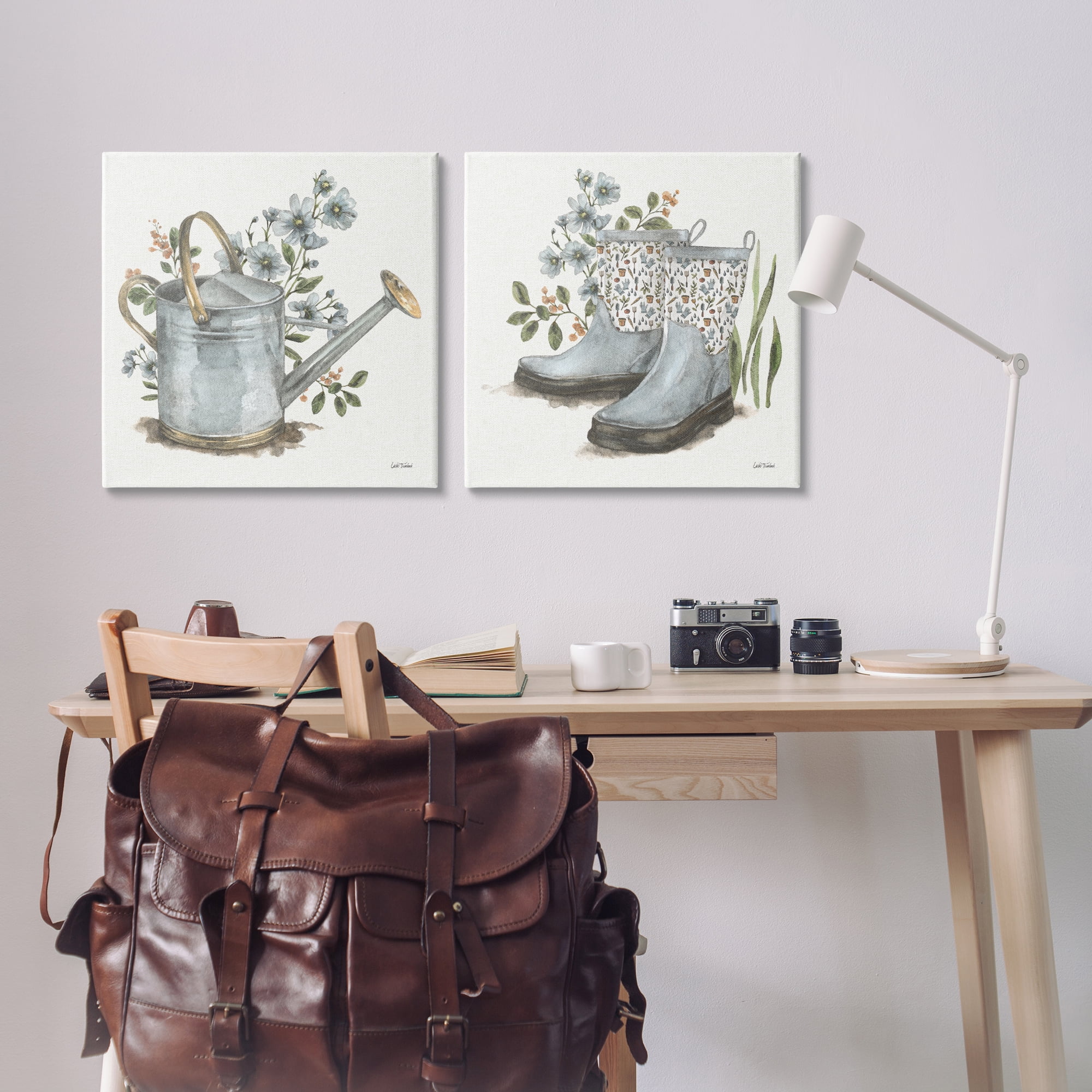 Stupell Industries Floral Watering Can Gardening Boots Plants & Flowers Painting Wrapped Canvas Art Print Wall Art, 24 x 24, Set of 2