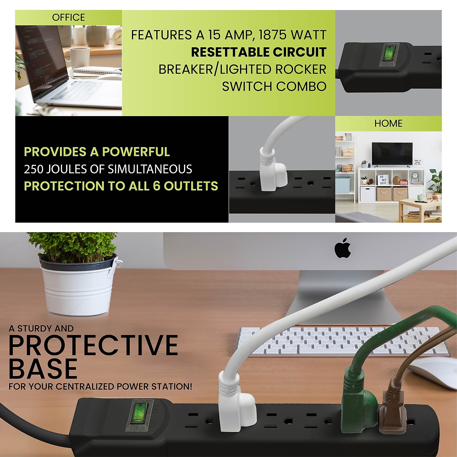 GoGreen Power 6 Outlet Surge Protector 16106MSBK - 6ft Cord - Black