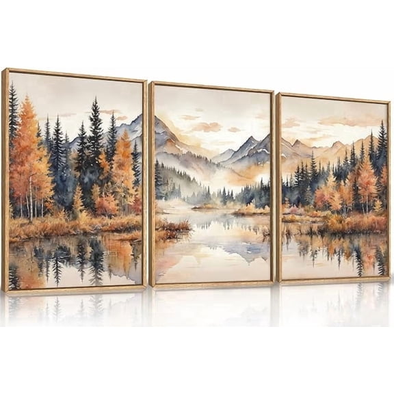 Large Neutral Mountain Framed Canvas Wall Art,Nature Foggy Forest Wall Decor,Watercolor Autumn Landscape Wall Painting,Woodland Artwork for Living Room,Bedroom,Dining Room,Office -16"x24"x3