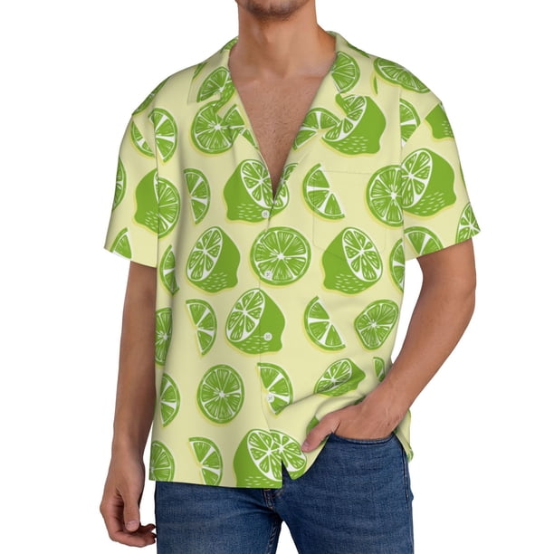 Balery Various Lemons Camisa Casual de Manga Corta con Botones para Hombre, Texturizada, Estilo Cubano, para Playa, Verano-Large