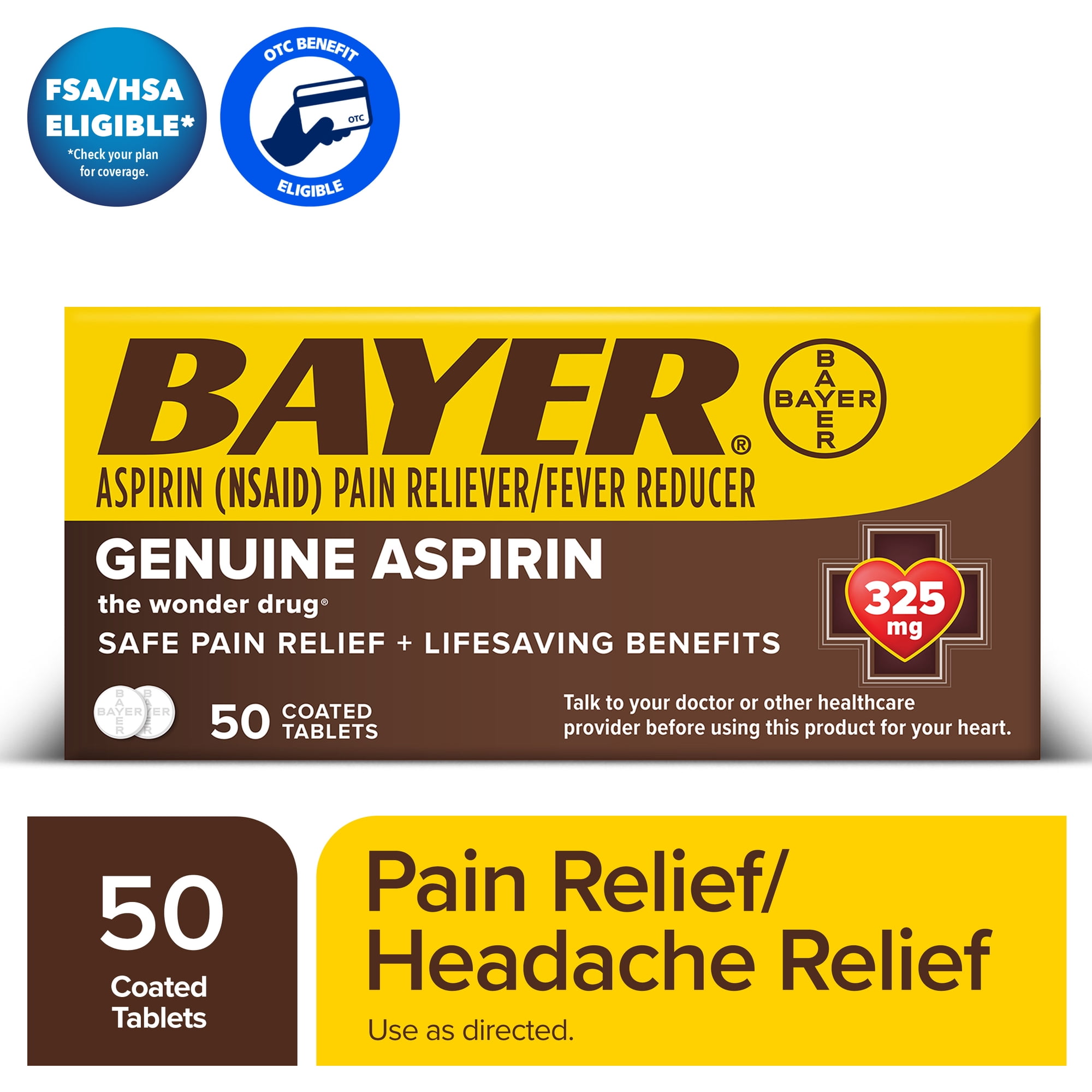 Bayer Genuine Aspirin 325 mg Coated Tablets for Multi-symptom pain relief and Headache Relief, 50 Count