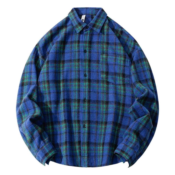 Blusa y camisa de manga larga con cuello vuelto para hombre, blusa informal a cuadros a la moda con botones y cuello vuelto, blusa de poliéster para hombre