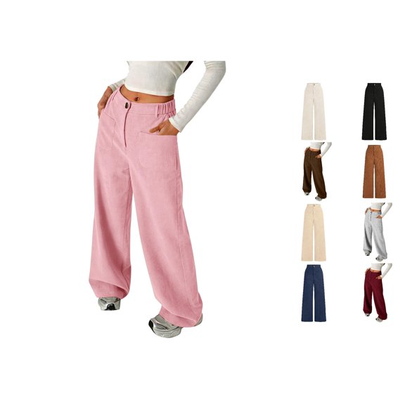 CUZIBR Girls Casual Wide Leg Pants Solid Color Corduroy Wide Leg Trousers Front Button Zip Pockets Elastic Waist Loose Fit Summer Fall Breathable Relaxed Long Trousers Dailywear,Pink,9-10 Years