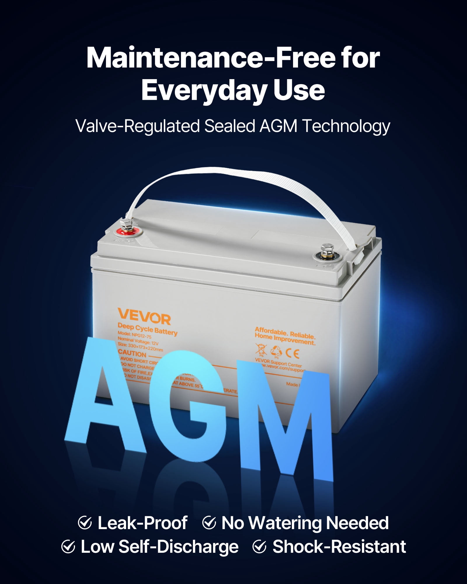 VEVOR 12V 75Ah Deep Cycle Battery, Sealed AGM Technology, Rechargeable Lead Acid AGM Battery, Backup Replacement for Scooters, Electric Mobility Wheelchair, Solar System Off-Grid Home Energy Storage