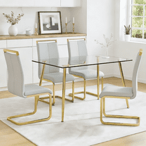 LUFTUT 5-Piece Luxury Gold Dining Table Set, 51" Rectangle Tempered Glass Kitchen Table with 4 Light Gray PU Leather Cantilever Chairs, Modern Glam Dining Ensemble for Small Spaces, Apartment