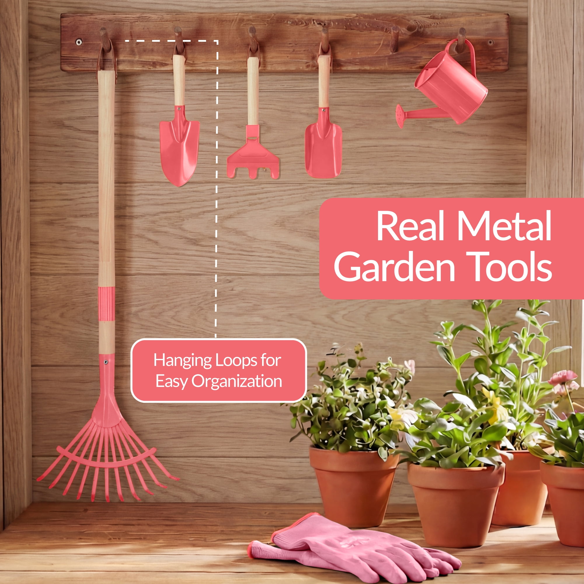 Best Choice Products Kids Wheelbarrow Gardening Tool Set 8 Piece with Metal Tools, Apron, Gloves Ages 3+ - Pink/Pink