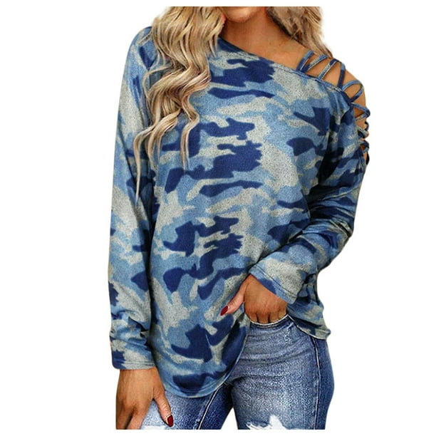 Moda mujer estampado manga larga cómoda transpirable ahueca hacia fuera la camisa Tops Fridja hj3250