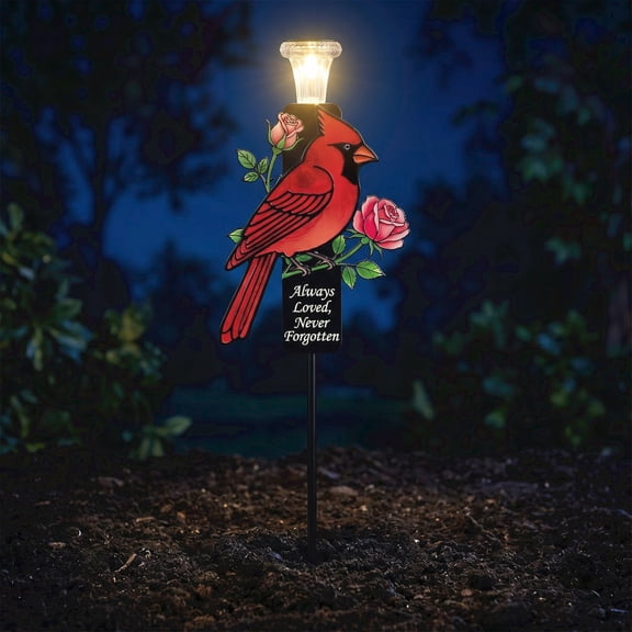 Solar Cardinal Grave Decorations for Cemetery, 19.7in LED Memorial Stake with Rose, Metal Cemetery Grave Marker, Sympathy Light for Yard