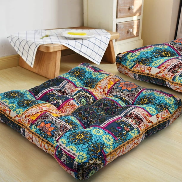 Cojín de meditación turquesa para suelo, cuadrado, mandala bohemio, algodón, lino, estilo indio, almohada para yoga, sala de estar, balcón, niños, sala de juegos, fiesta, decoración al aire libre, 20 JFHHH pequeña