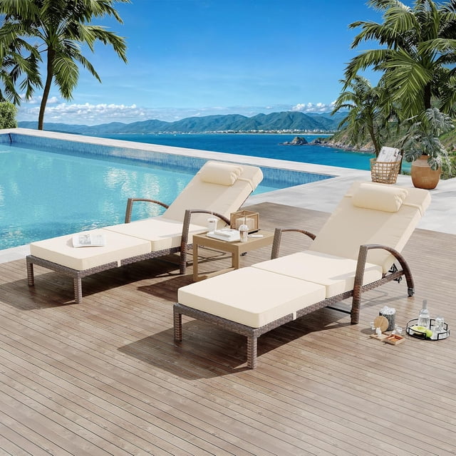 Bingirl Outdoor Chaise Lounge Chairs Set of 2 Patio Rattan Reclining Chair with 5-Position Adjustable Backrest All-Weather Pool Sunbathing Recliners with Rolling Wheels for Outside - Brown and Beige