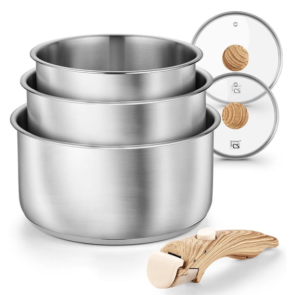 Koch Systeme CS Stainless Steel Saucepan Set 1.5 2 3 quart, Stainless Steel Pot with Removable Handle, 6pcs Sauce Pan Set with Tri-Ply Steel Base, Induction Compatible Pots, Dishwasher Safe