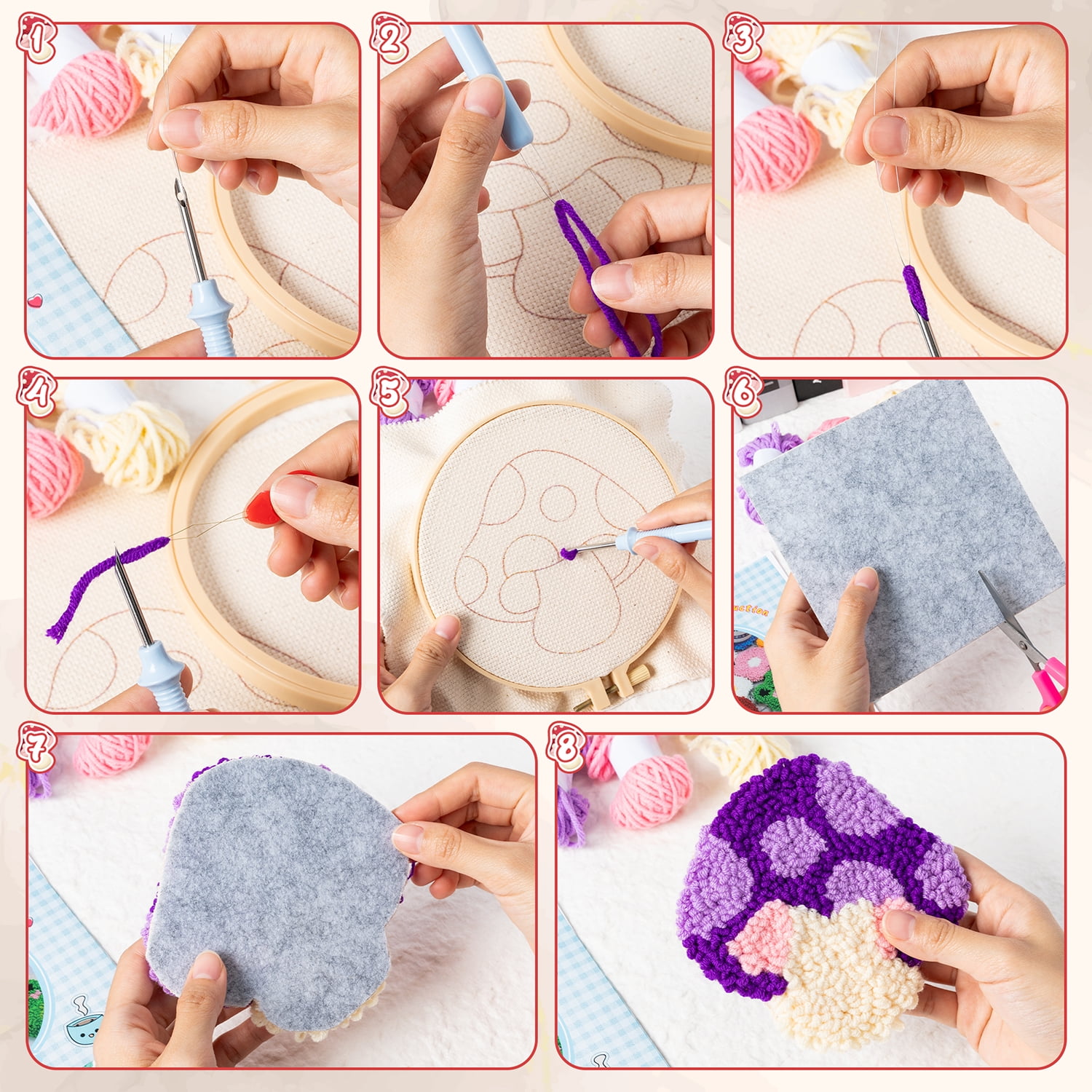 Belanttega Mushroom Theme DIY Punch Needle Coaster Kit - Create 6 Colorful Mushroom Coasters, Complete 22-Piece Craft Set with Hoop, Fabric, Yarn & Tools for Beginners Home Decor Gift