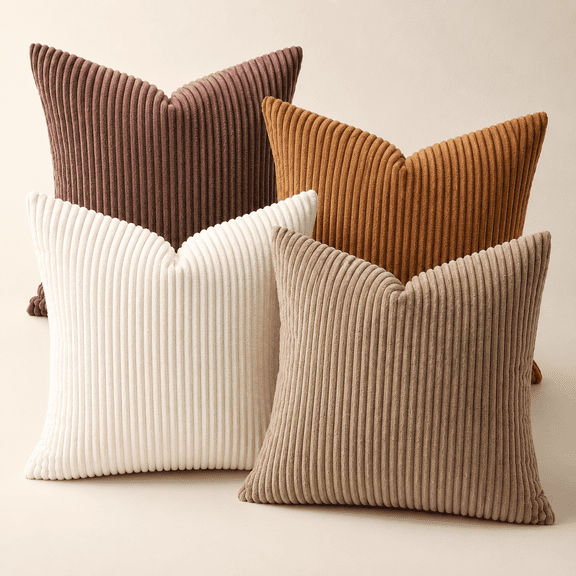 Boho Farmhouse Brown Throw Pillow Covers 18 x 18 Inch Set of 4, Soft Corduroy Decorative Pillow Covers for Couch Sofa Bed Living Room Decor, Rustic Modern Nordic Cushion Covers