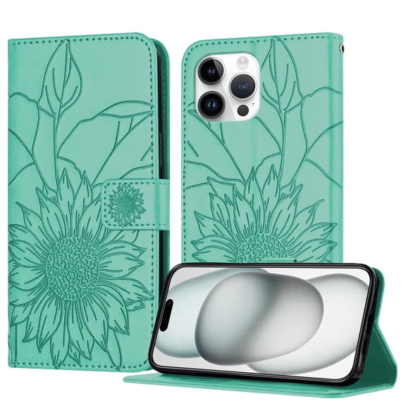 Luxury Embossed Floral Wallet Case for iPhone 16 Pro, PU Leather   TPU Flip Cover with Card Slots Kickstand Magnetic Closure Shockproof Full Body Protection for Women & Girls, Green