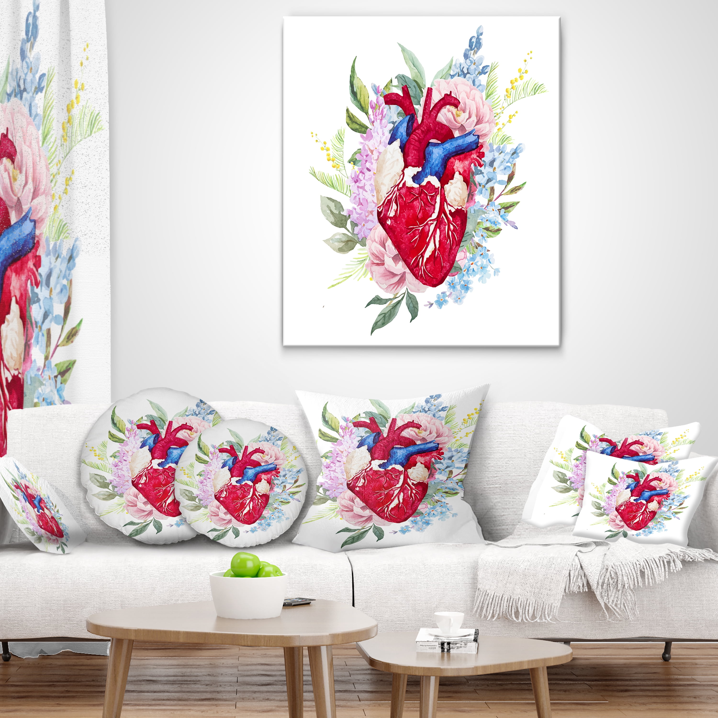 Designart Watercolor Heart with Flowers - Abstract Throw Pillow - 16x16