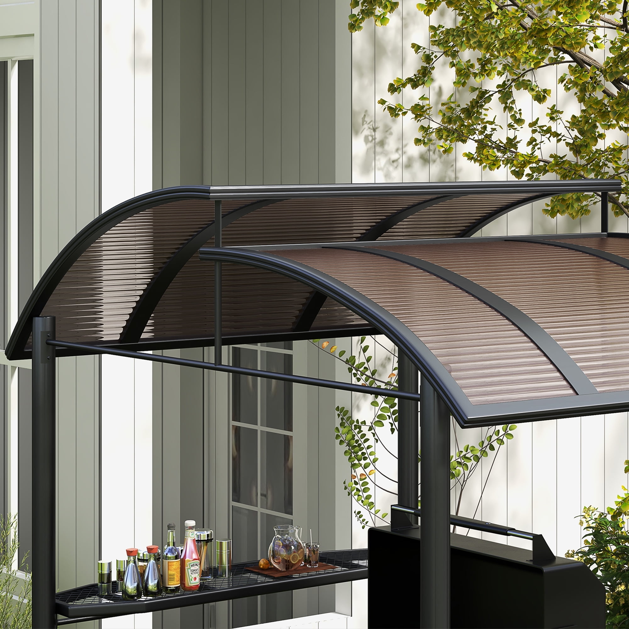 Outsunny 8' x 5' Grill Gazebo Shelter with Interlaced Vented Polycarbonate Roof, Outdoor BBQ Gazebo with Side Shelves for Hanging Tools