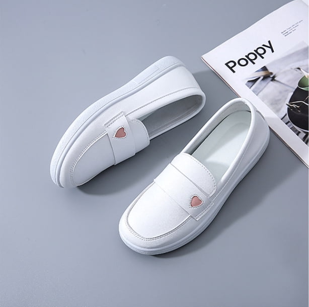 Women's White Slip-On Loafers with Heart Detail, Comfortable Casual Flat Shoes, Breathable Daily Wear Shoes for Women