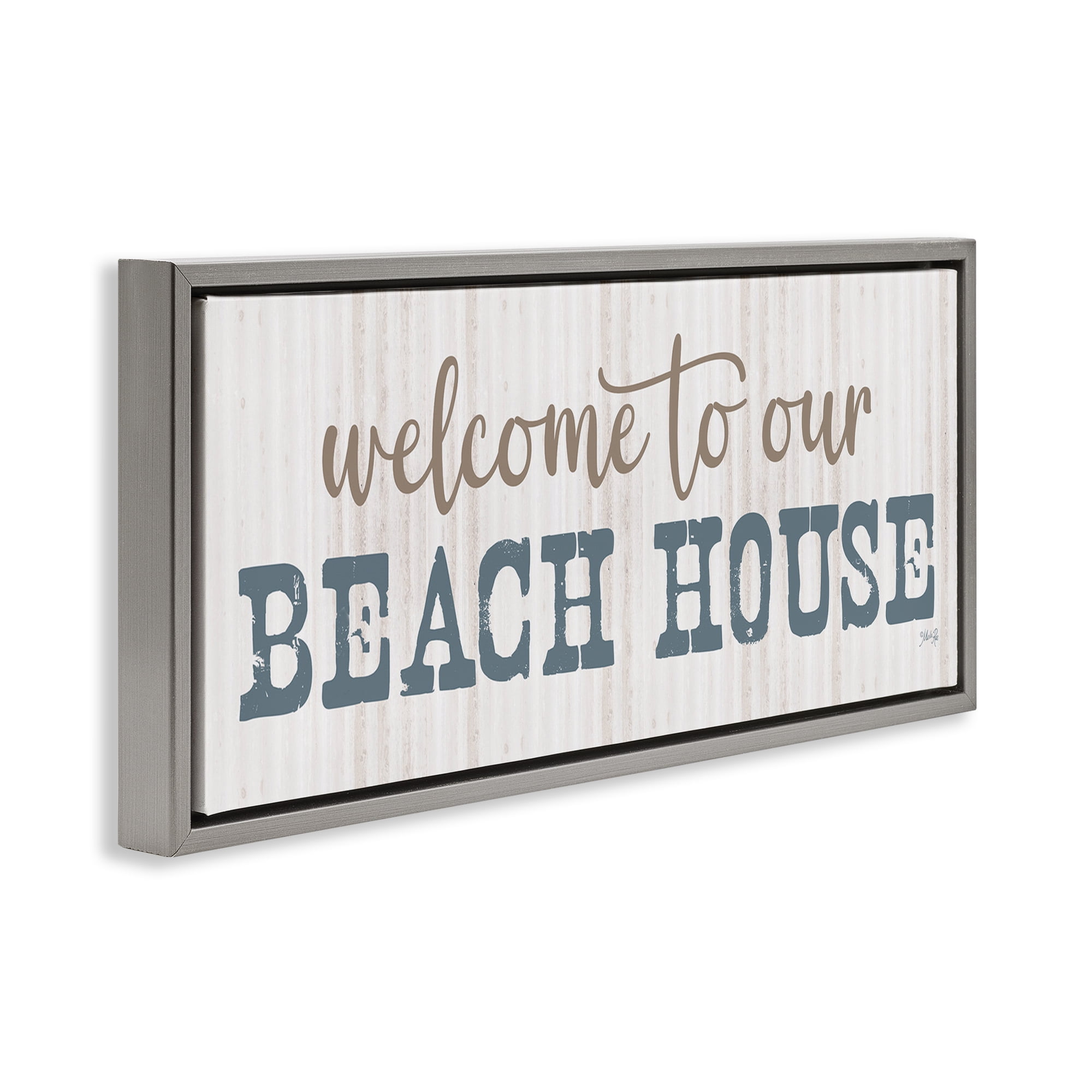 Stupell Industries Welcome Beach House Typography Painting Gray Floater Framed Canvas Art Print Wall Art, 31 x 14