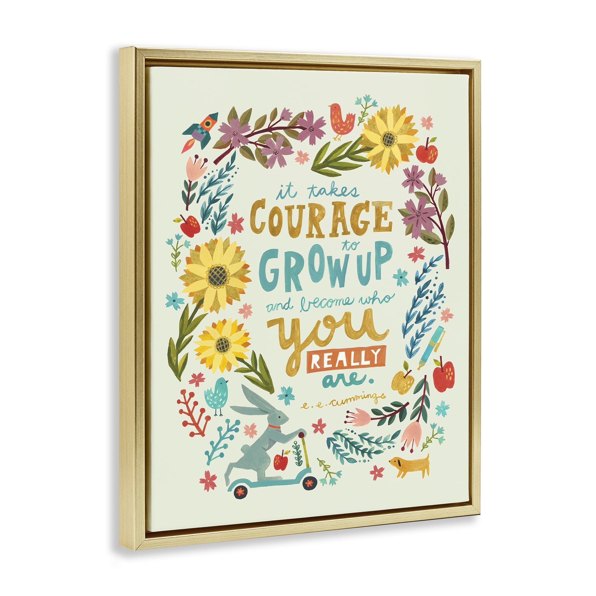 Stupell Industries Takes Courage Inspiring Florals Plants & Flowers Painting Gold Floater Framed Canvas Art Print Wall Art, 25 x 31