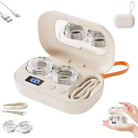 Portable Rechargeable Ultrasonic Contact Lens Cleaner Case, Compact Deep Cleaning Device, Contact Lens Cleaner Machine with 3-Minute Cycle, Mirror & Tweezers for Travel, Office (1Pcs)