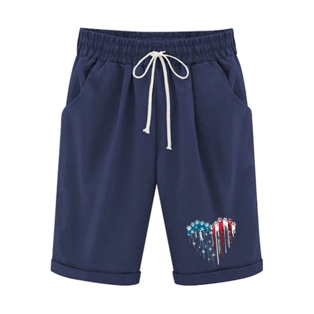 Pantalones Cortos Casuales para Mujer Día de la Independencia Impreso Elástico de la Cintura, Pantalones Cortos de Verano para Mujeres