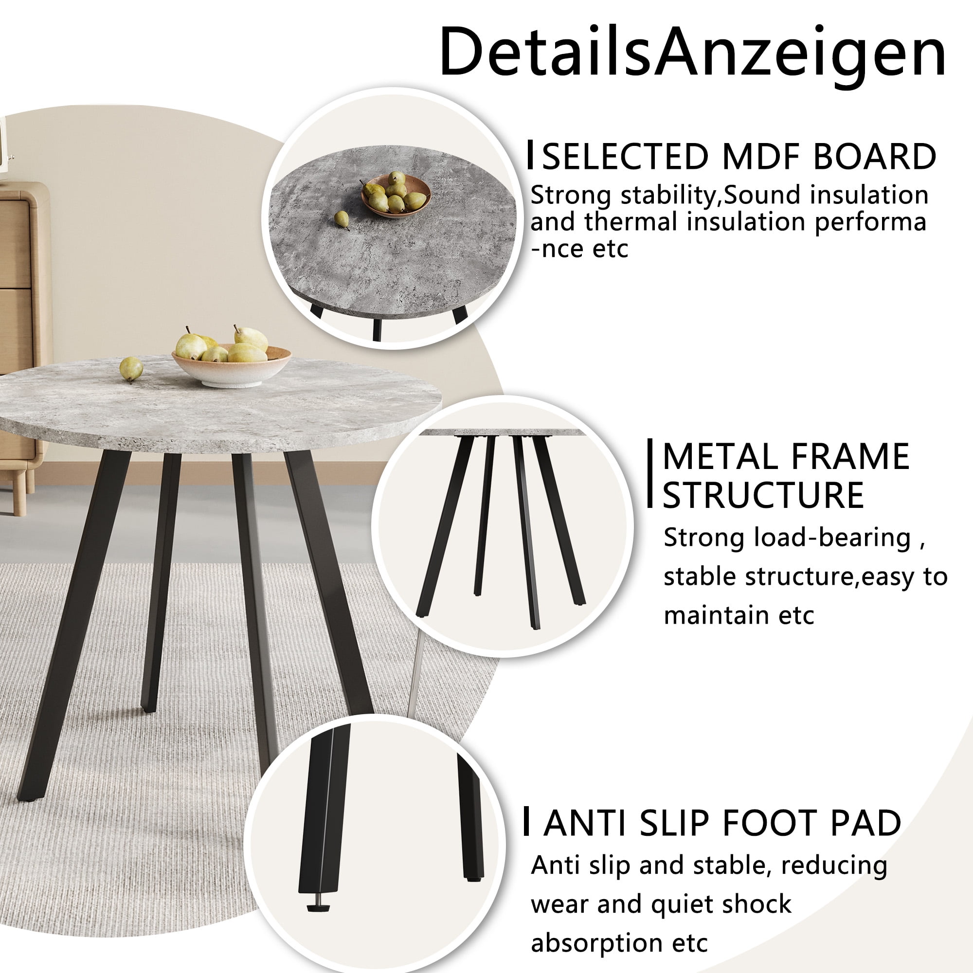 MOONMISS Modern Round Kitchen Dining Table,33.5 Inch Small Space Table with Gray Cement Texture Top,Mid-Century Leisure Coffee Table for Dining Room,Apartment & Office