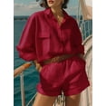 thumbnail image 3 of Jaimenalin Womens Solid Color 2 Piece Outfits Long Sleeve Lapel Button Loose Fit Top Mini Shorts Summer Set Red XL, 3 of 5