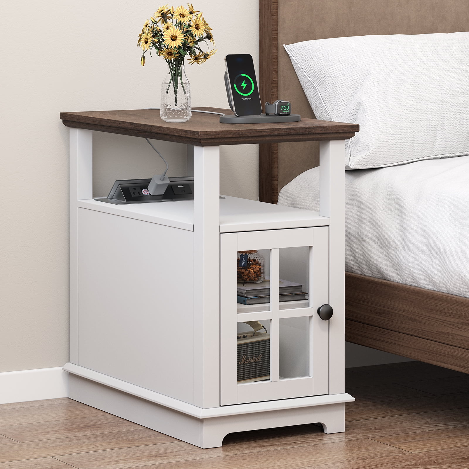 FAGAGA End Tables with Charging Station for Living Room, Wooden Nightstand for Bedroom, White