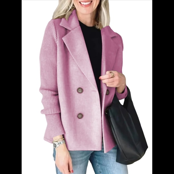 Abrigo de Lana Cruzado para Mujer, con Solapa con Muescas, Tejido Acanalado, Larga, Chaqueta Blazer Corta. Rosa XL